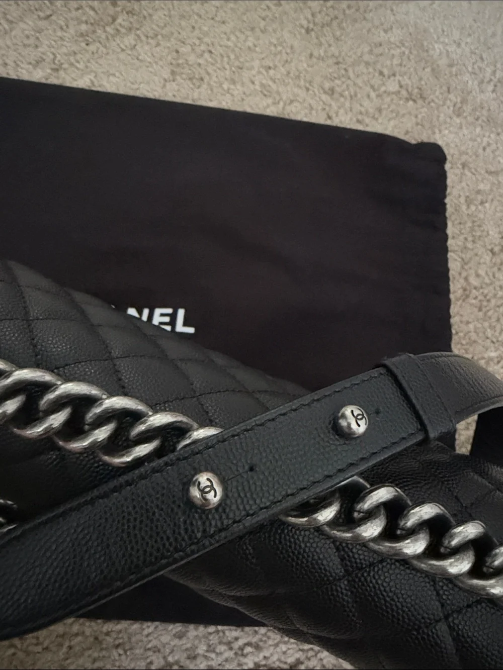 CHANEL Black Quilted Large Boy Messenger Bag with Ruthenium Hardware